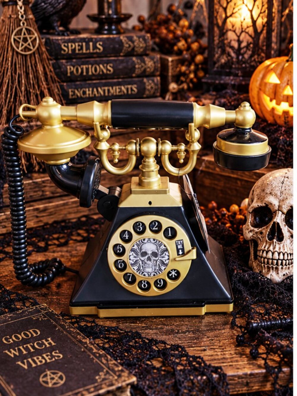 Vintage-Style Halloween Haunted Black & Gold Rotary Phone Illuminated Skull Dial